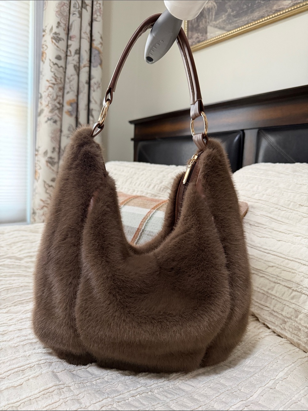 Plush Faux Fur Shoulder Bag in Chocolate Brown